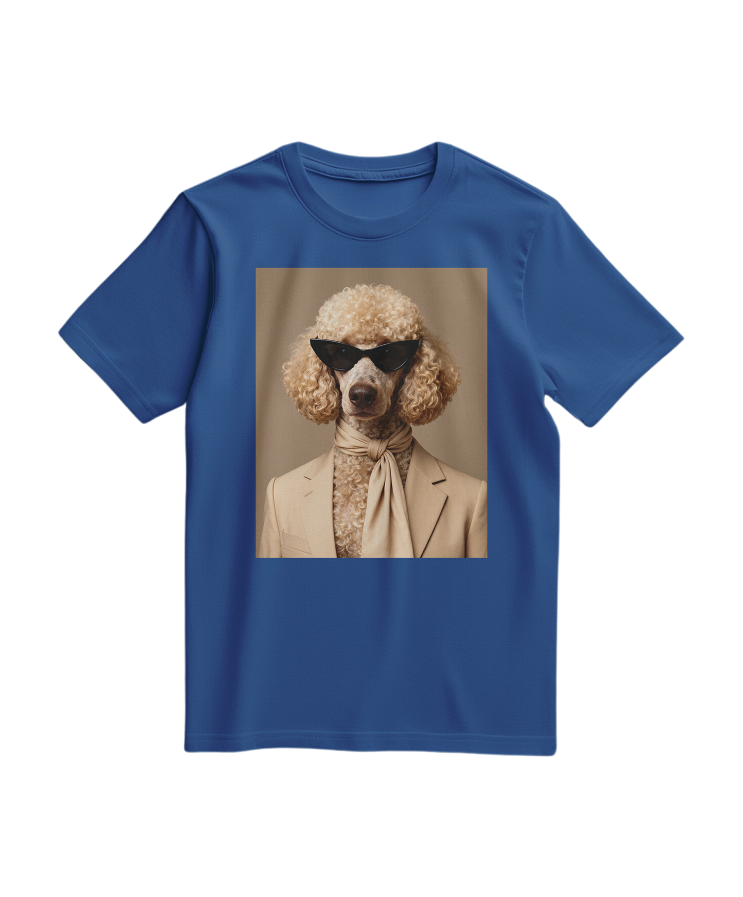 Camiseta azul royal Poodle Tailor da Camalestore, com estampa de poodle e detalhes de moda, roupa casual para homens e mulheres