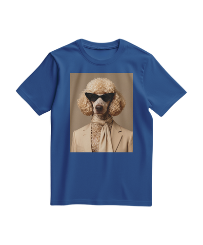 Camiseta azul royal Poodle Tailor da Camalestore, com estampa de poodle e detalhes de moda, roupa casual para homens e mulheres