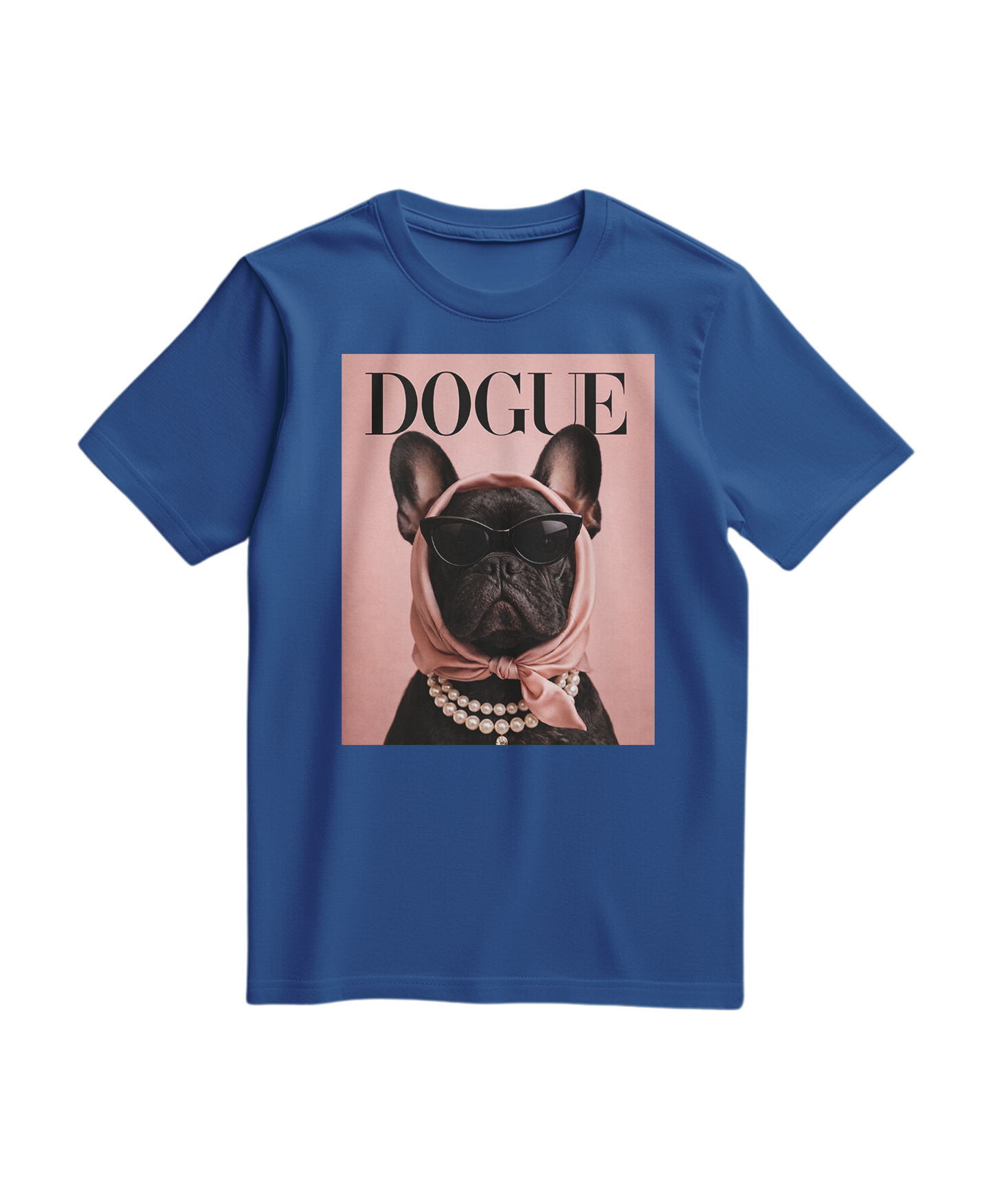 Camalestore camiseta azul royal com estampa do Frenchie Muse, tecido confortável e design moderno para uso casual.