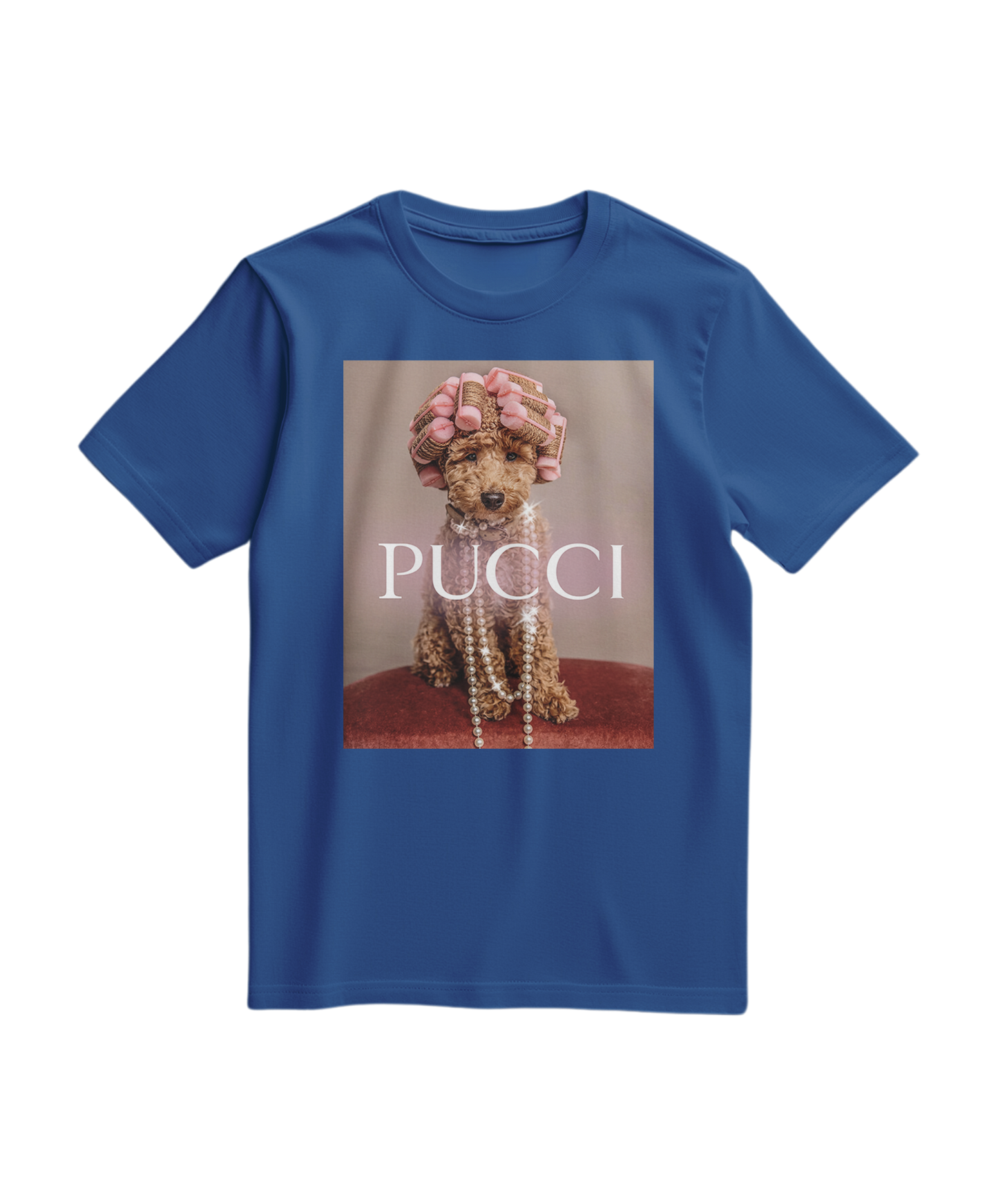 Camiseta Poo Glam azul royal da Camalestore, com estampa divertida, exibida na imagem.
