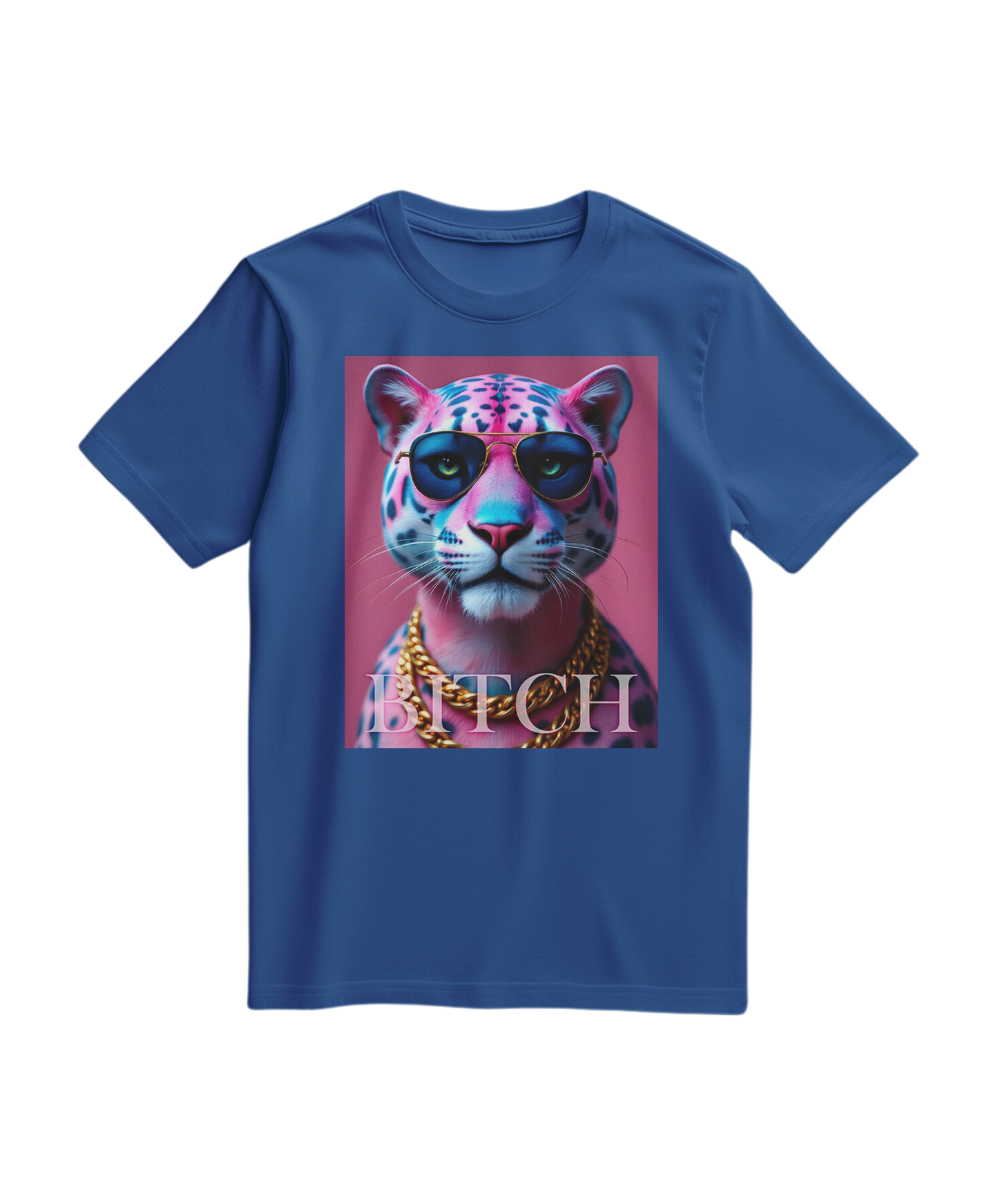 T-shirt Neon Jungle Boss da Camalestore em azul royal com padrão vibrante e design de tema jungle.