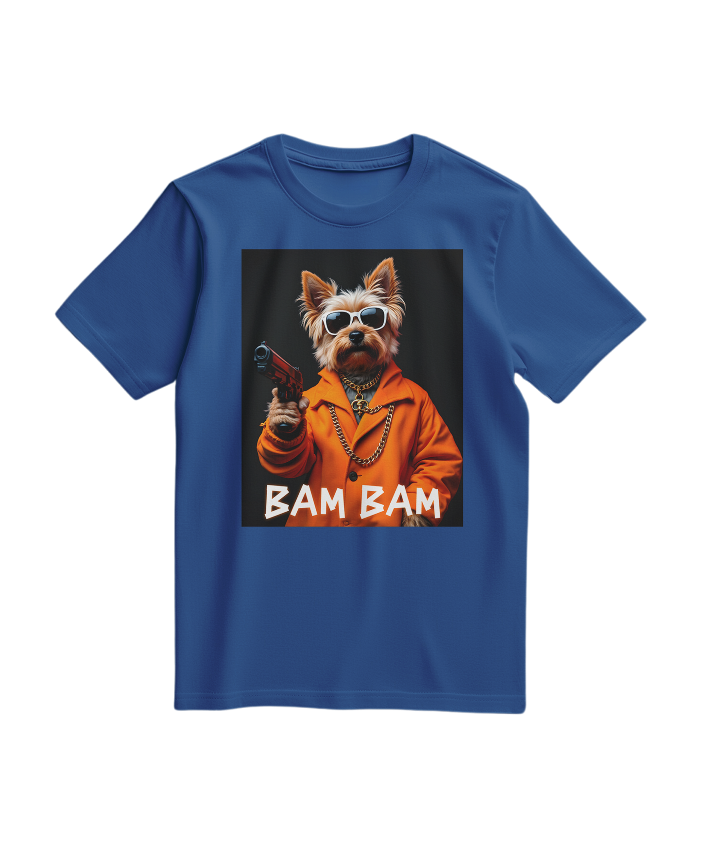 Camiseta azul royal Bam Bam Gangster da Camalestore, tecido confortável e estampa gráfica na frente.