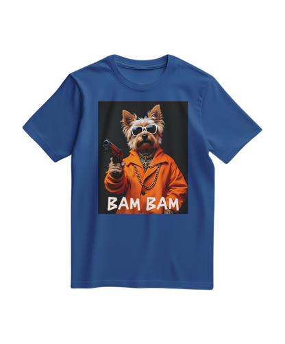 Camiseta azul royal Bam Bam Gangster da Camalestore, tecido confortável e estampa gráfica na frente.
