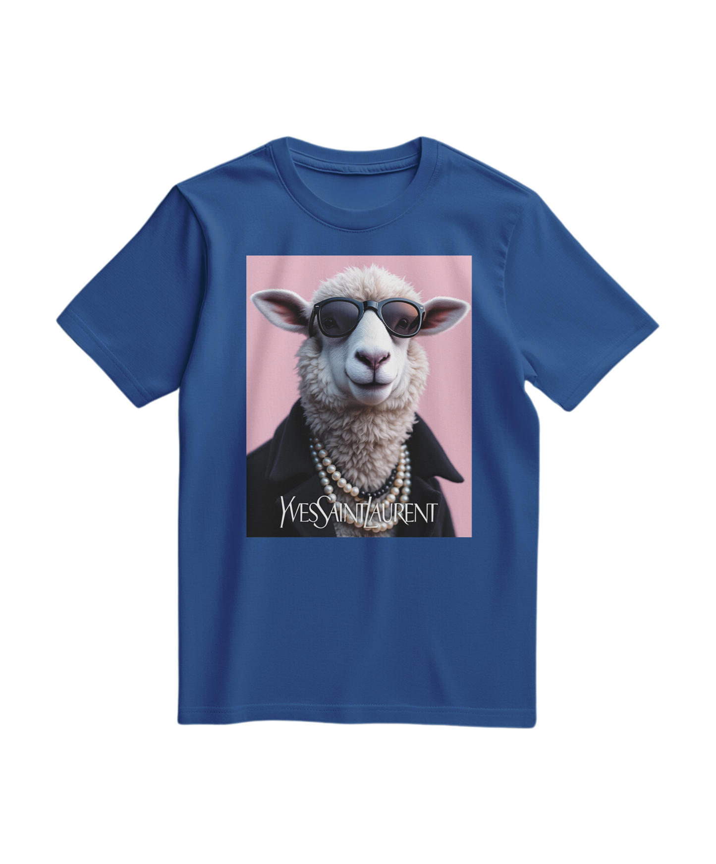 Camiseta azul royal da Camalestore com ícone de ovelha de pérola, estampa frontal moderna e confortável.