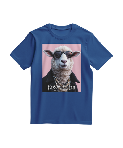 Camiseta azul royal da Camalestore com ícone de ovelha de pérola, estampa frontal moderna e confortável.