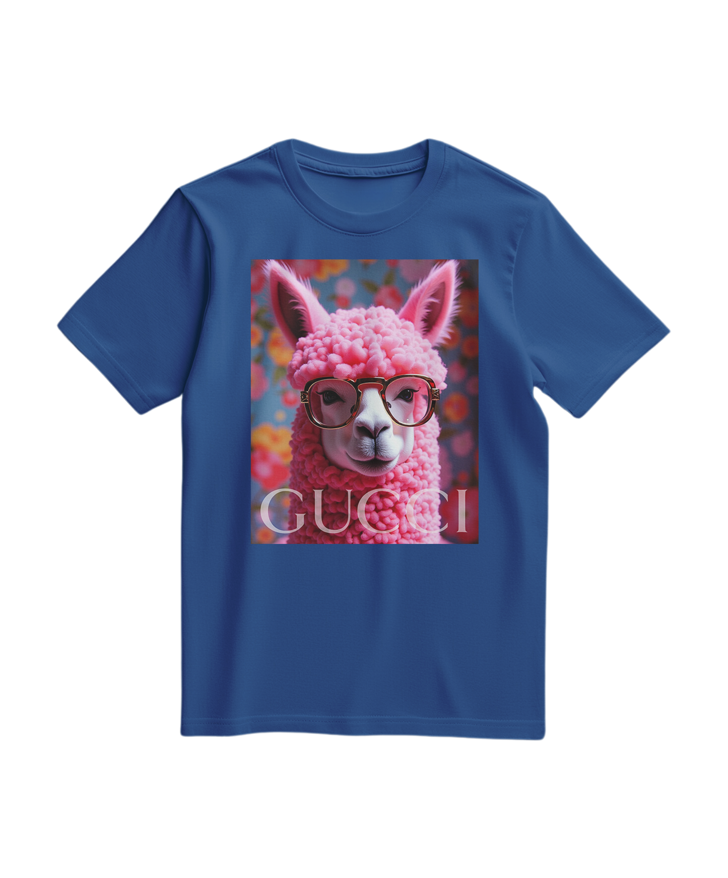 T-shirt azul royal com ícone de alpaca da Camalestore, exibe um design gráfico no peito, tecido confortável e estilo casual.