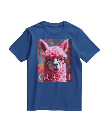 T-shirt azul royal com ícone de alpaca da Camalestore, exibe um design gráfico no peito, tecido confortável e estilo casual.