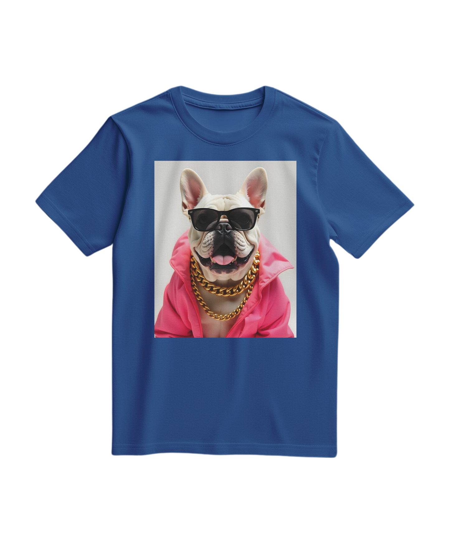 Camiseta Bulldog Azure Pop da Camalestore, t-shirt azul royal com estampa de cachorro bulldog, modelo casual e confortável.