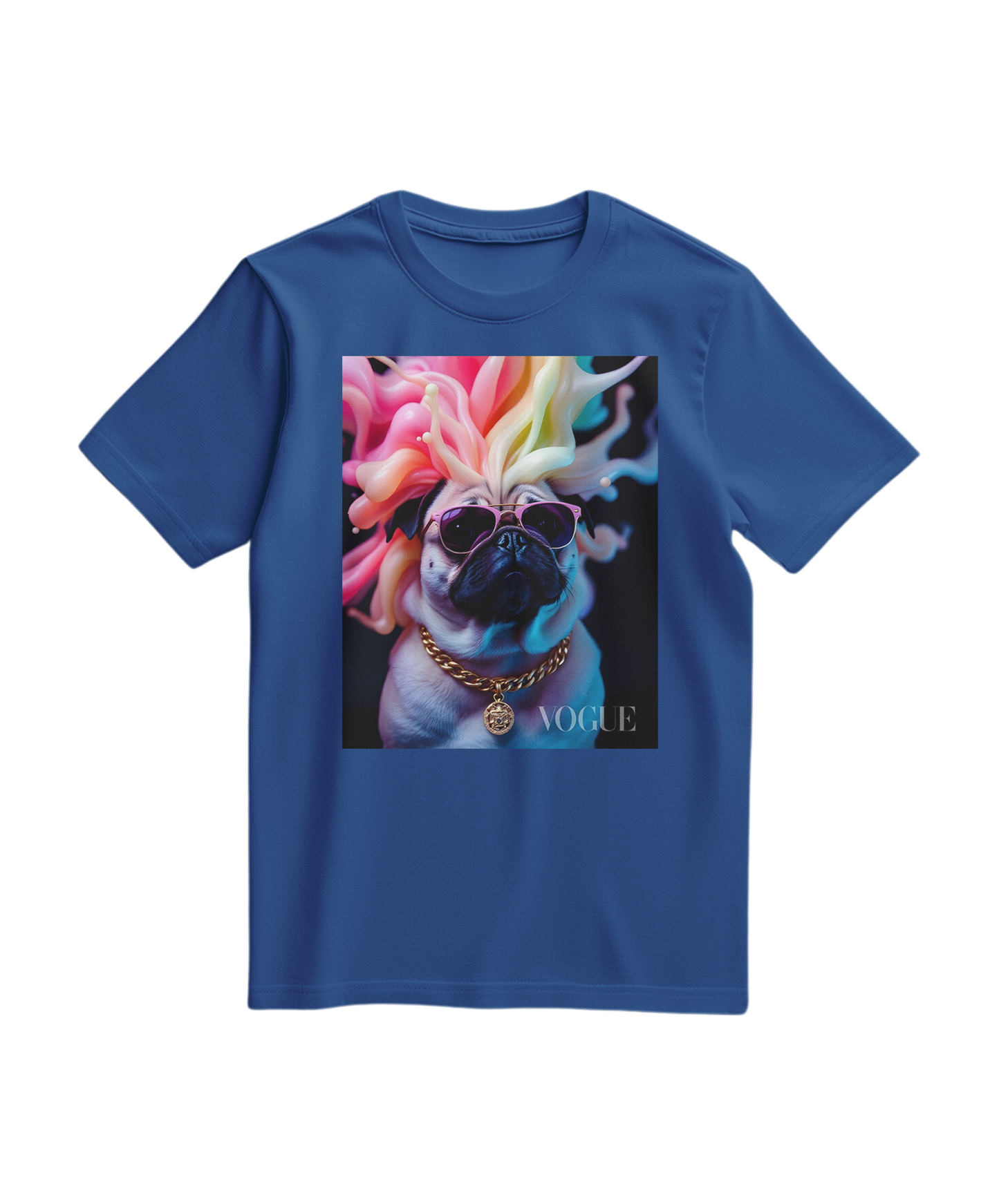Camiseta azul royal Camalestore Pug Chromatic Elite, camiseta de manga curta com estampa de pug colorida na frente.