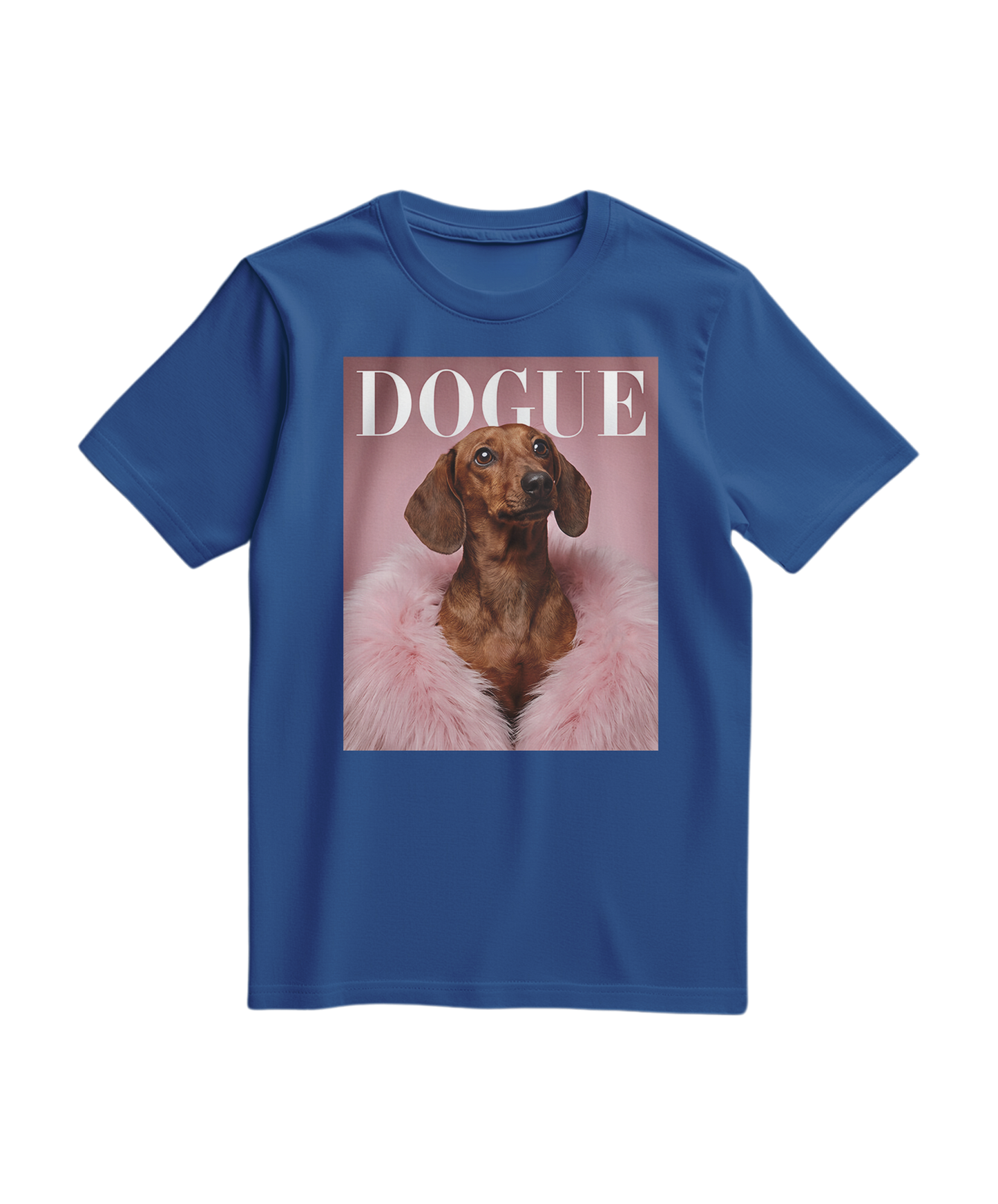 Camiseta azul royal com estampa de Dachshund, feita pela Camalestore, visível na imagem.