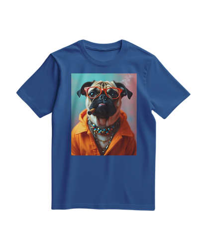 Camiseta laranja Pug Rebel da Camalestore, com estampa de pug e design casual, vista na imagem.