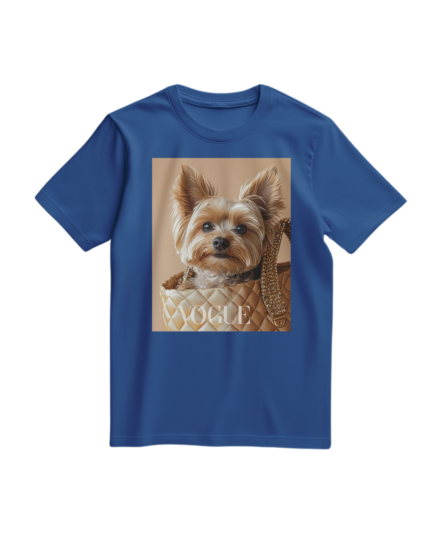 Camiseta azul royal Yorkie Muse da Camalestore, com estampa de cachorro Yorkie na frente, veste casual e confortável.