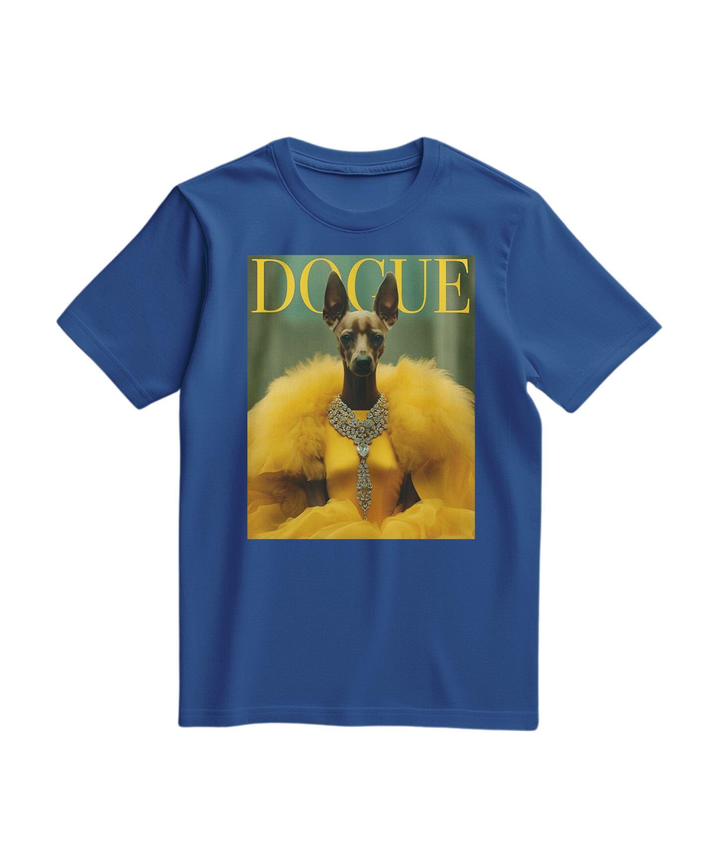 Camiseta azul royal Dogue Majestic da Camalestore, feita de algodão, com estampa de cachorro majestoso na frente.