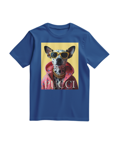 T-shirt azul royal com estampa de dálmata da Camalestore, estilo casual e confortável para o dia a dia.