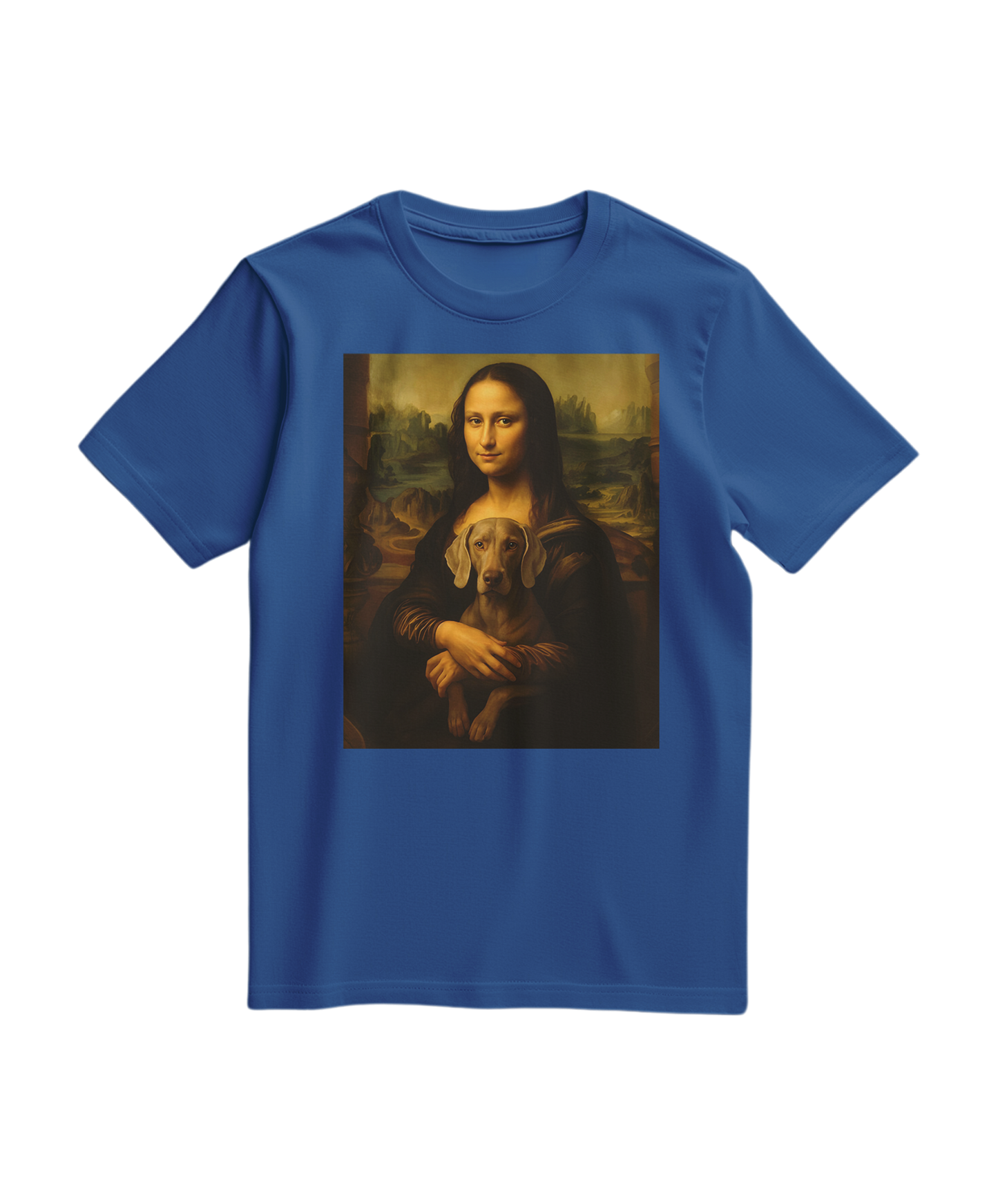Camiseta Mona Wei azul royal, camiseta casual de algodão com estampa moderna, vista frontal.