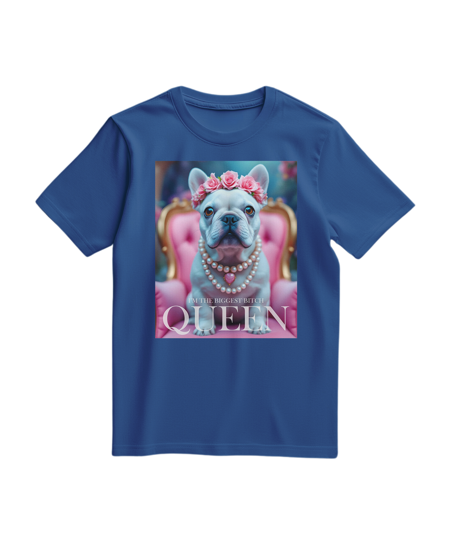 Camiseta Frenchie Queen da Camalestore em azul royal, com estampa de um cão Bulldog francês e detalhes elegantes.