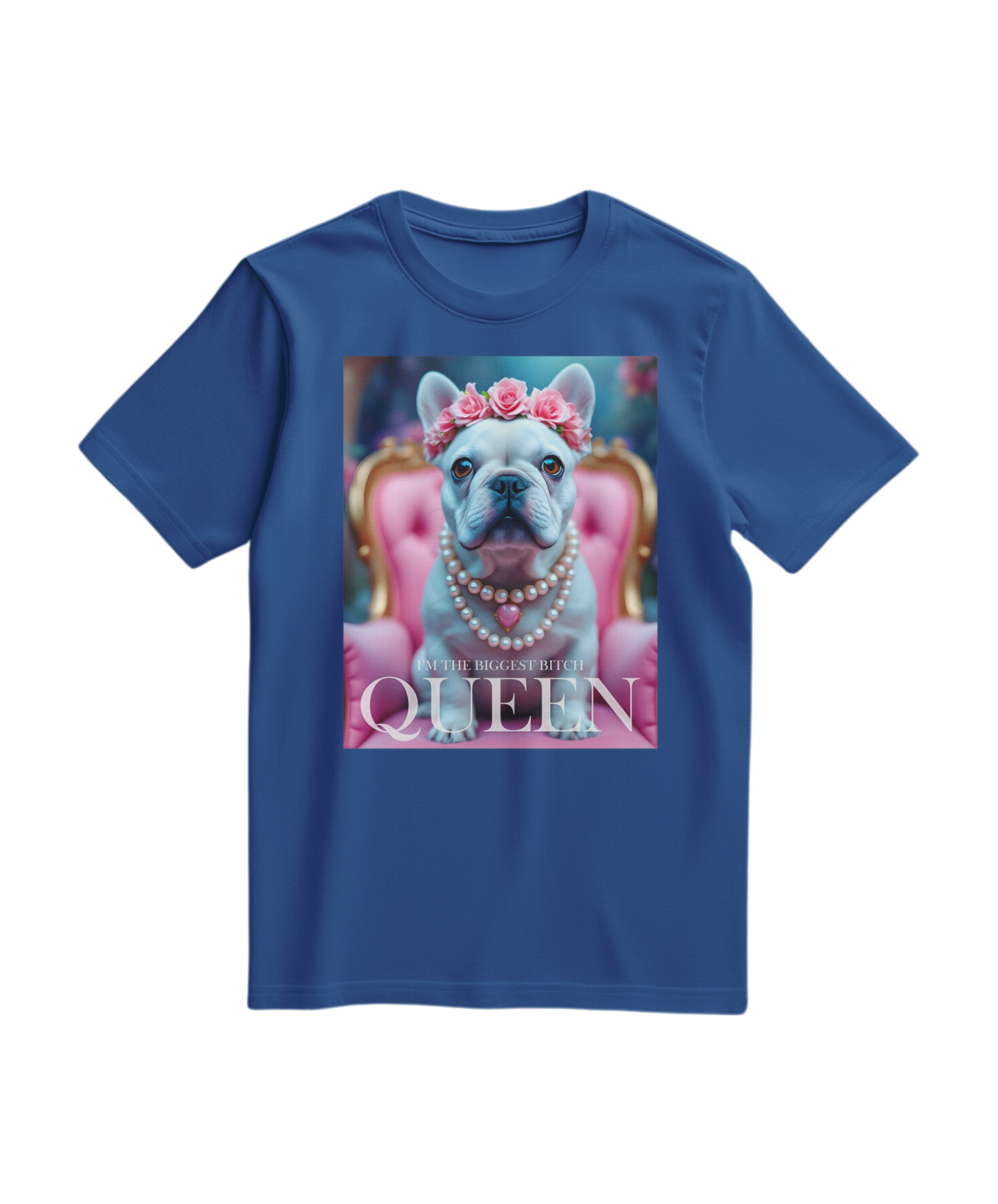 Camiseta Frenchie Queen da Camalestore em azul royal, com estampa de um cão Bulldog francês e detalhes elegantes.