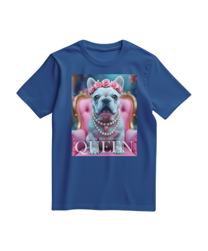 Camiseta Frenchie Queen da Camalestore em azul royal, com estampa de um cão Bulldog francês e detalhes elegantes.