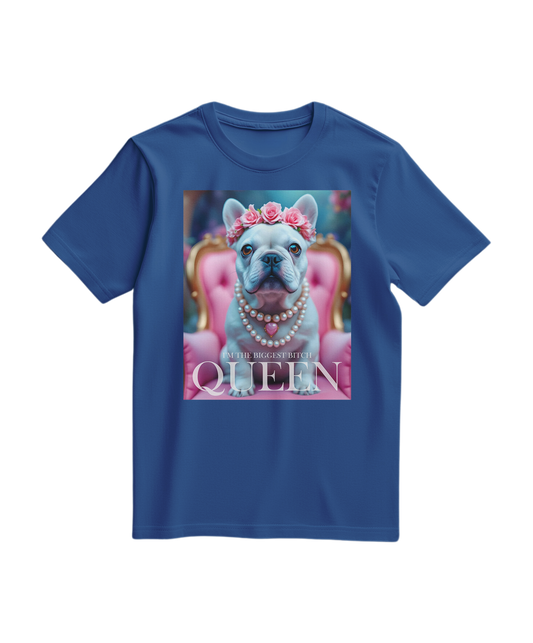 Camiseta Frenchie Queen da Camalestore em azul royal, com estampa de um cão Bulldog francês e detalhes elegantes.