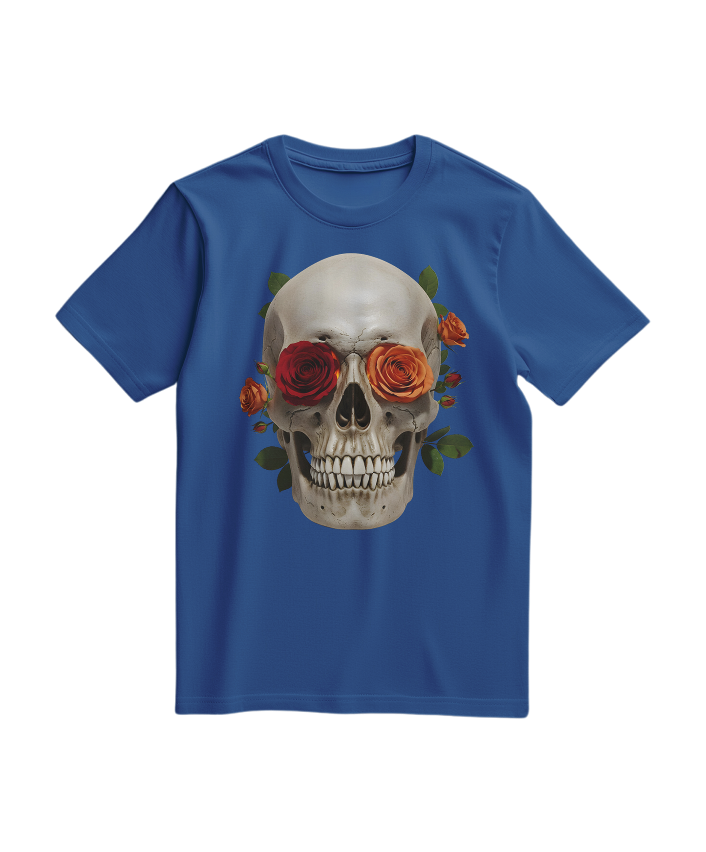 Camalestore camiseta azul royal com estampa de caveira e rosa, camiseta de algodão com design detalhado.