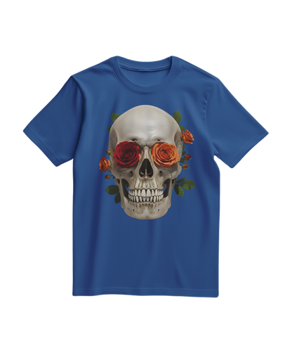 Camalestore camiseta azul royal com estampa de caveira e rosa, camiseta de algodão com design detalhado.