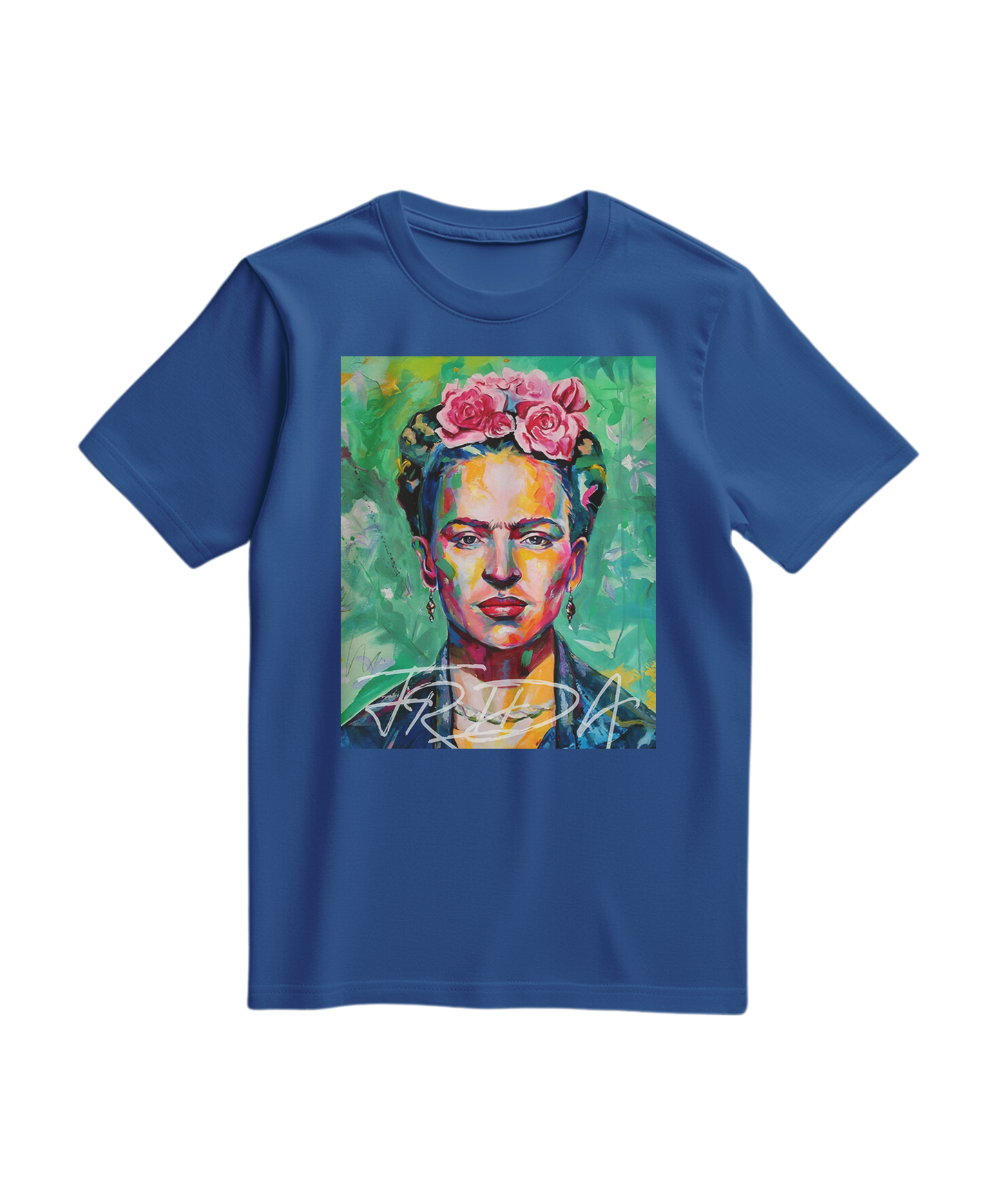Camiseta Kahlo Chromatic azul royal da Camalestore, com estampa colorida de Frida Kahlo em tecido de algodão.