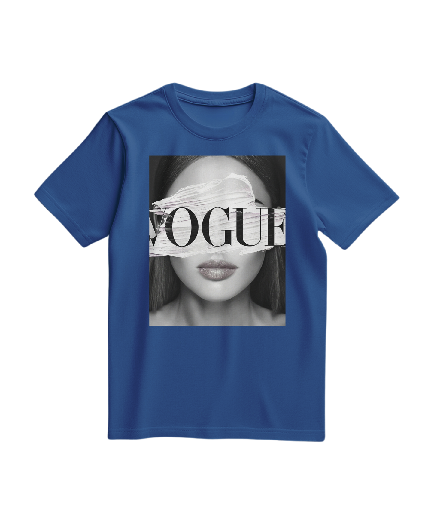 Camiseta azul royal com estampa de olhos V, t-shirt Camalestore, vista frontal, confortável e estilosa.