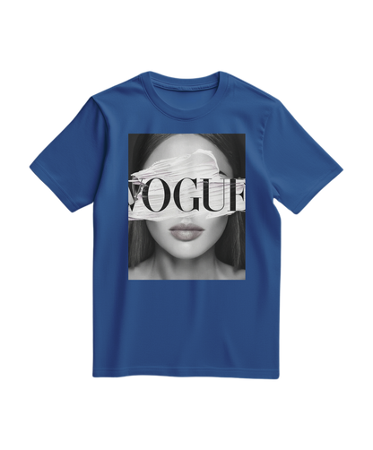 Camiseta azul royal com estampa de olhos V, t-shirt Camalestore, vista frontal, confortável e estilosa.