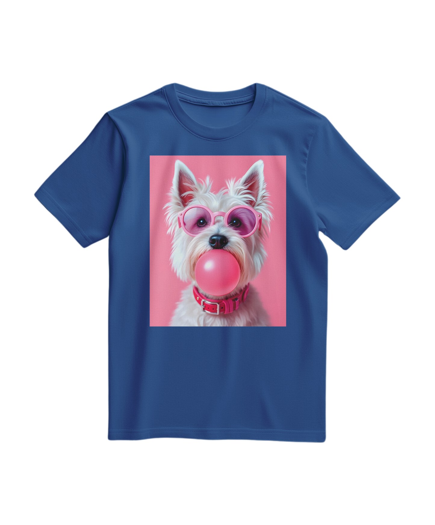 Camalestore camiseta Bubble Terrier azul royal com estampa de cachorro, tecido confortável e design casual.