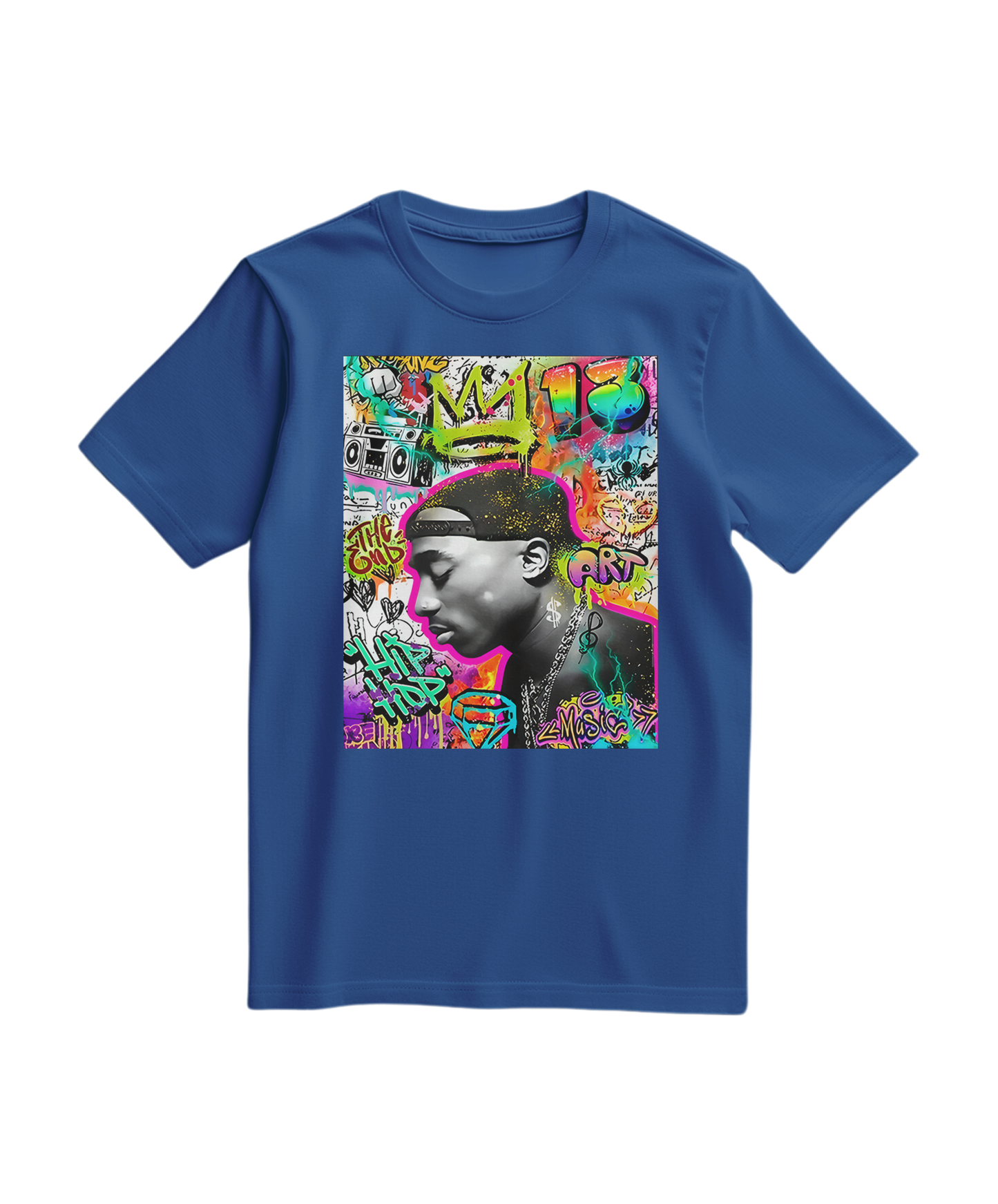 Camiseta azul royal com estampa de grafite e coroa, estilo casual da marca Camalestore, vista de frente em modelo vestindo a T-shirt.