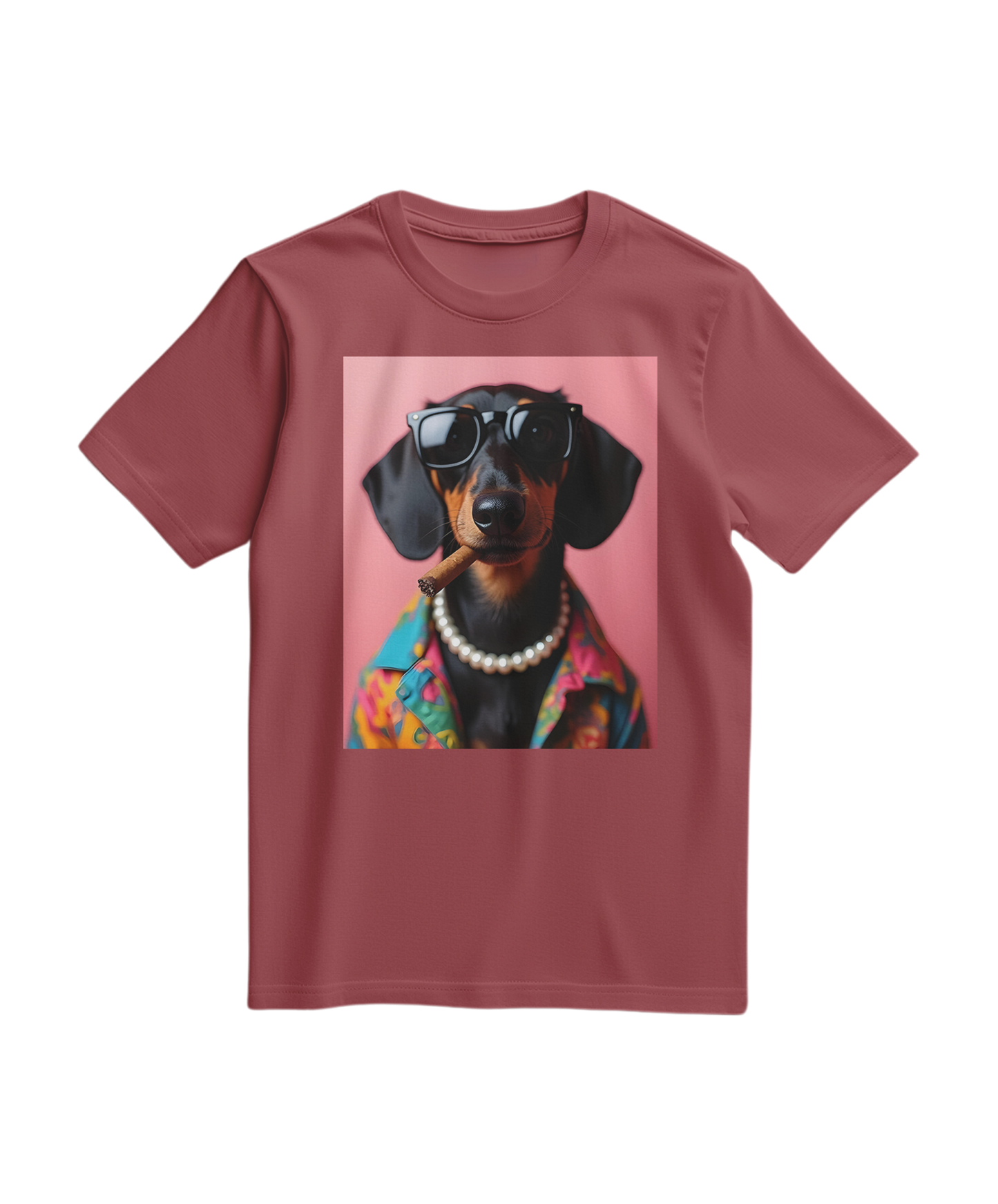 Camiseta smoking dachshund da Camalestore, camiseta casual de algodão na cor terracota com estampa de dachshund fumando.