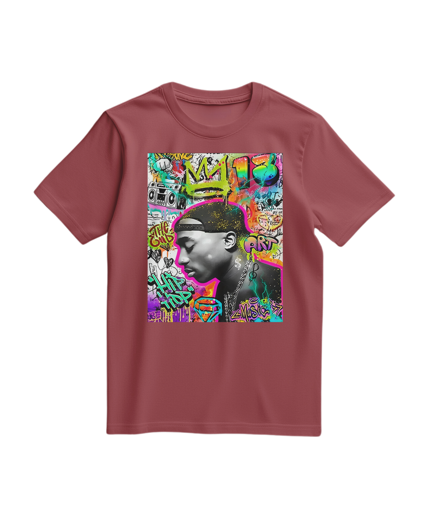 Camalestore camiseta terracota com estampa de graffiti de uma coroa, tecido confortável e design moderno.