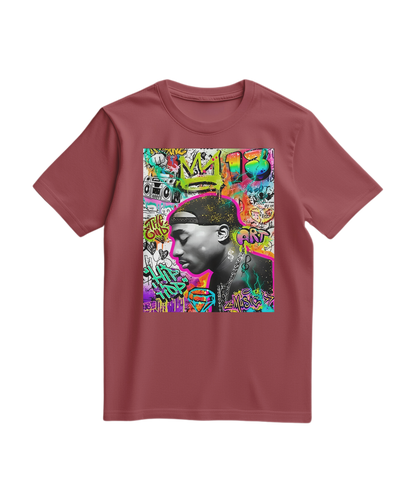 Camalestore camiseta terracota com estampa de graffiti de uma coroa, tecido confortável e design moderno.