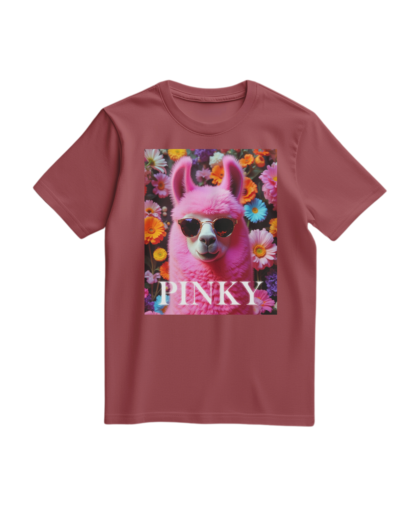 Camiseta rosa Llama Studio da Camalestore, com estampa de lama, vista de frente sobre fundo neutro.