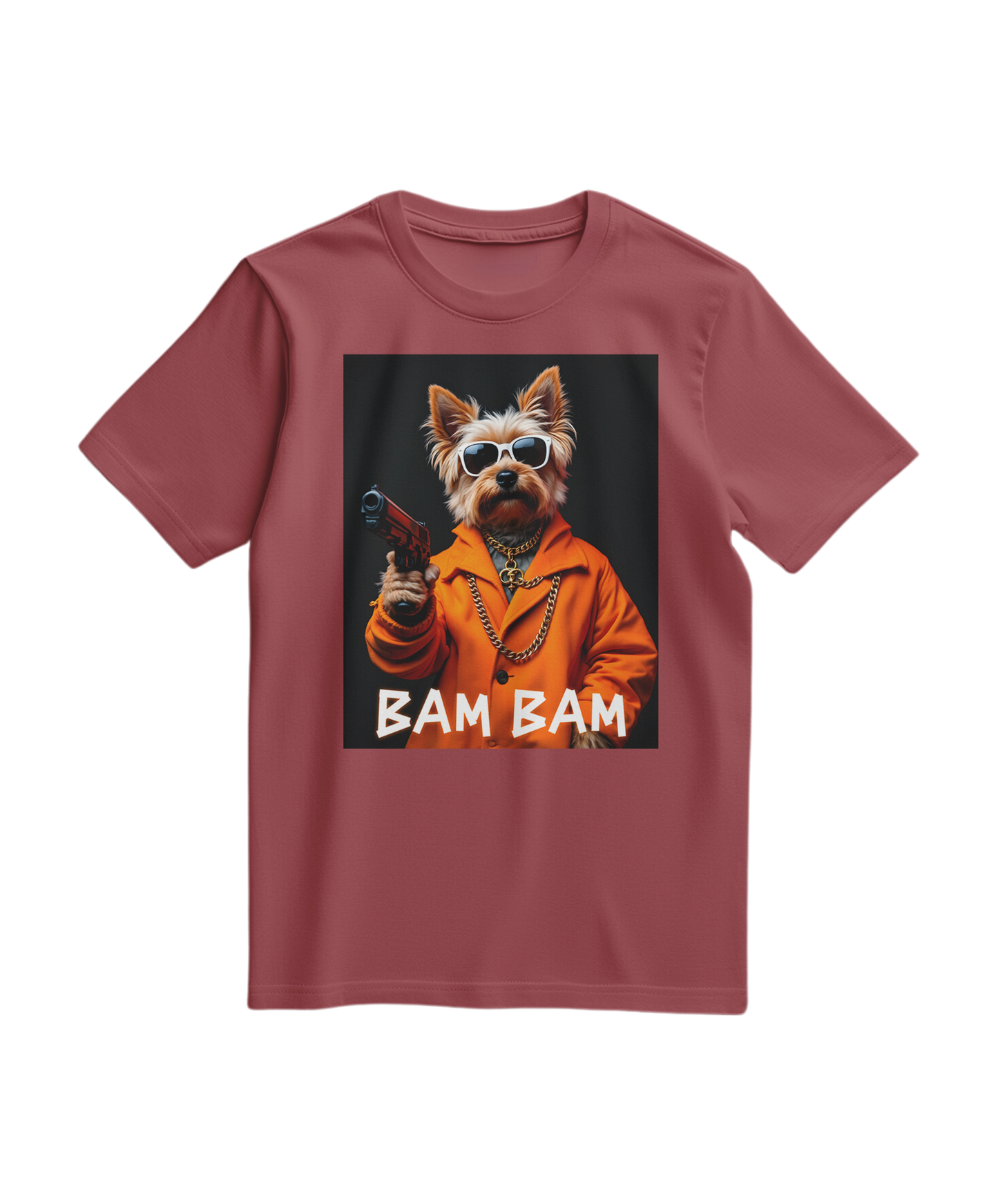 Camiseta Bam Bam Gangster da Camalestore, de cor terracota, com estampa de estilo gangster na frente.