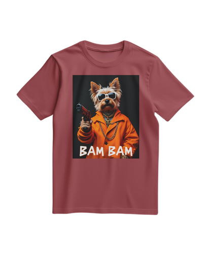 Camiseta Bam Bam Gangster da Camalestore, de cor terracota, com estampa de estilo gangster na frente.