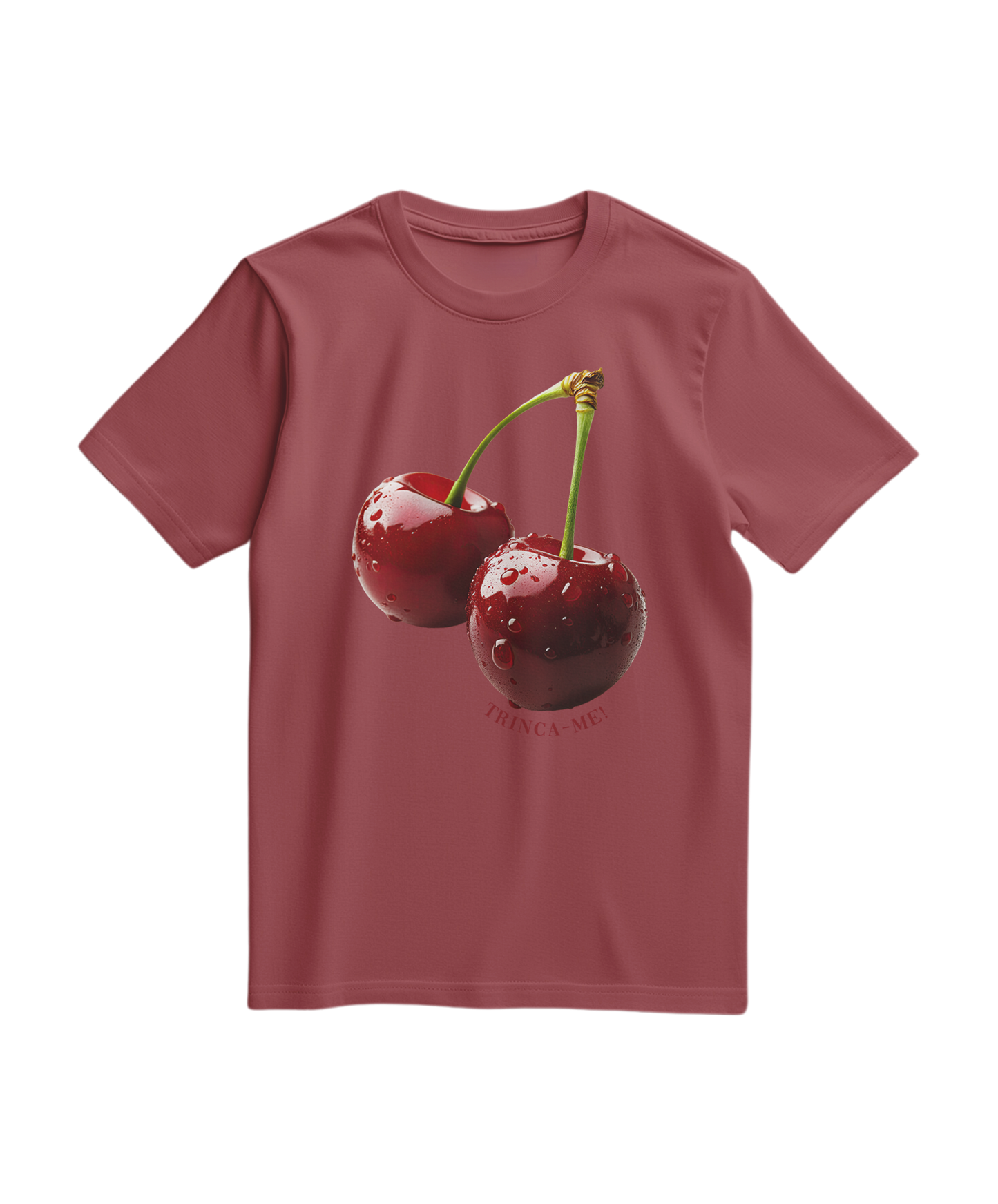 Camiseta terracota Cherry Bite Me da Camalestore, com estampa de cereja mordida, de manga curta e tecido confortável.