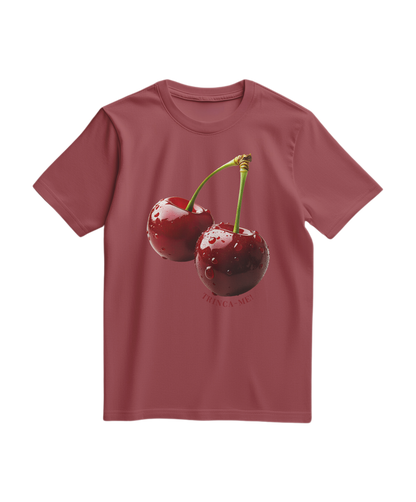 Camiseta terracota Cherry Bite Me da Camalestore, com estampa de cereja mordida, de manga curta e tecido confortável.