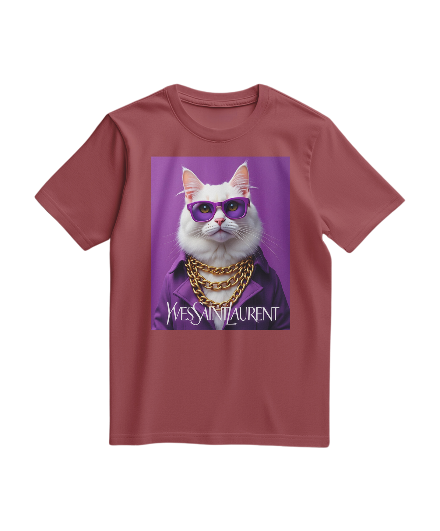 Camiseta Feline Drip da Camalestore em tom terracota, com estampa artística de gatos e gotas de tinta, vista frontal.