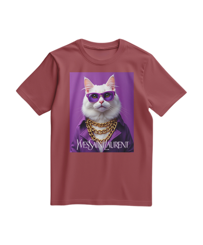Camiseta Feline Drip da Camalestore em tom terracota, com estampa artística de gatos e gotas de tinta, vista frontal.