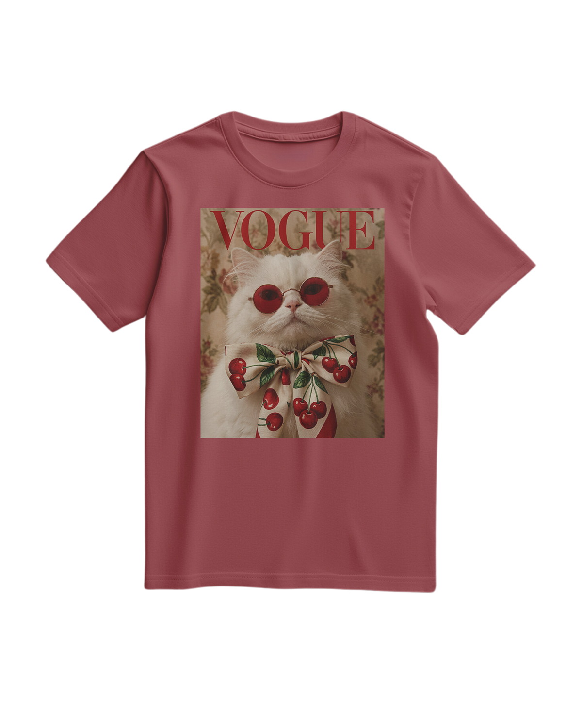Camalestore T-shirt Velvet Cherry cor terracota, tecido macio com estampa de cereja, estilo casual e confortável
