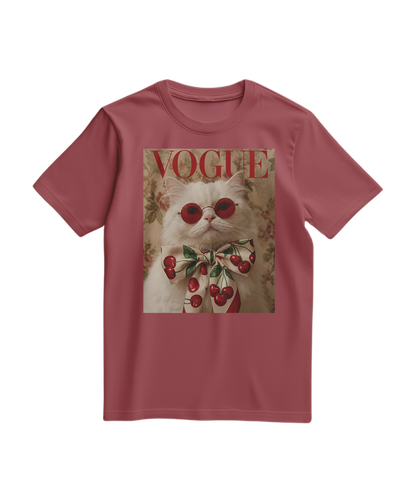 Camalestore T-shirt Velvet Cherry cor terracota, tecido macio com estampa de cereja, estilo casual e confortável