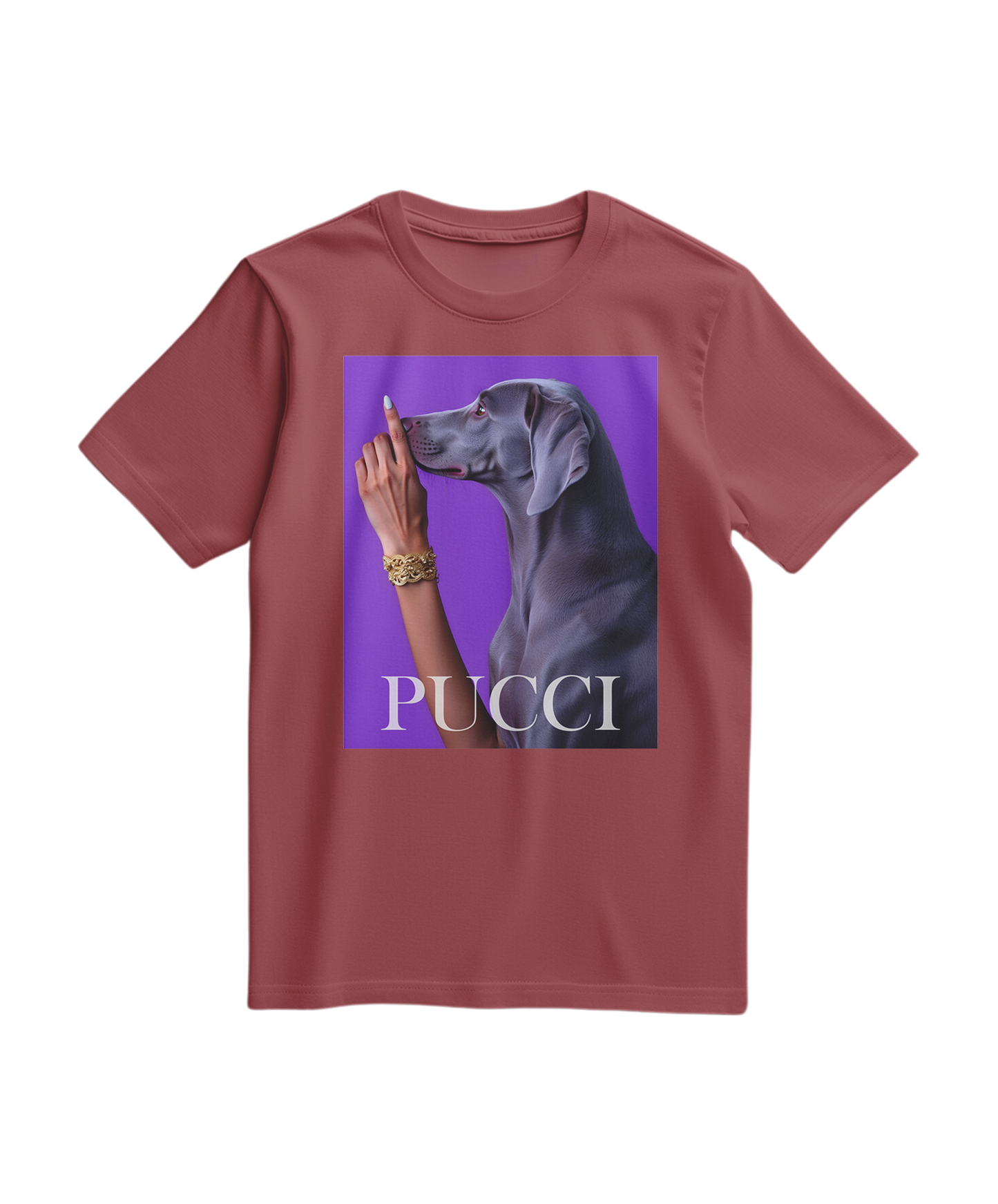 Camalestore T-shirt Pucci Violet de cor terracota, com estampa vibrante e design casual, ideal para looks modernos e confortáveis.