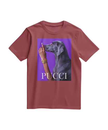 Camalestore T-shirt Pucci Violet de cor terracota, com estampa vibrante e design casual, ideal para looks modernos e confortáveis.