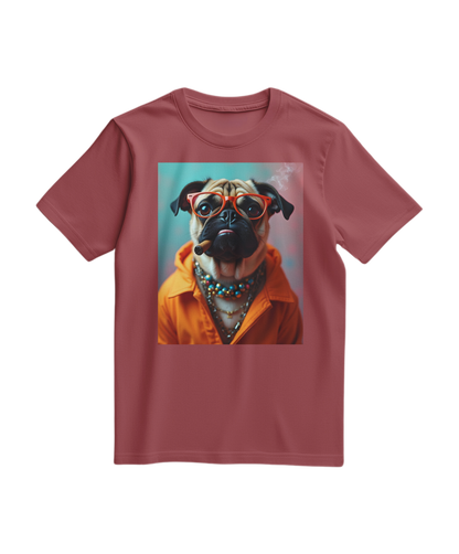 Camiseta laranja Pug Rebel da Camalestore, com estampa de pug e estilo casual, vista frontal da camiseta.