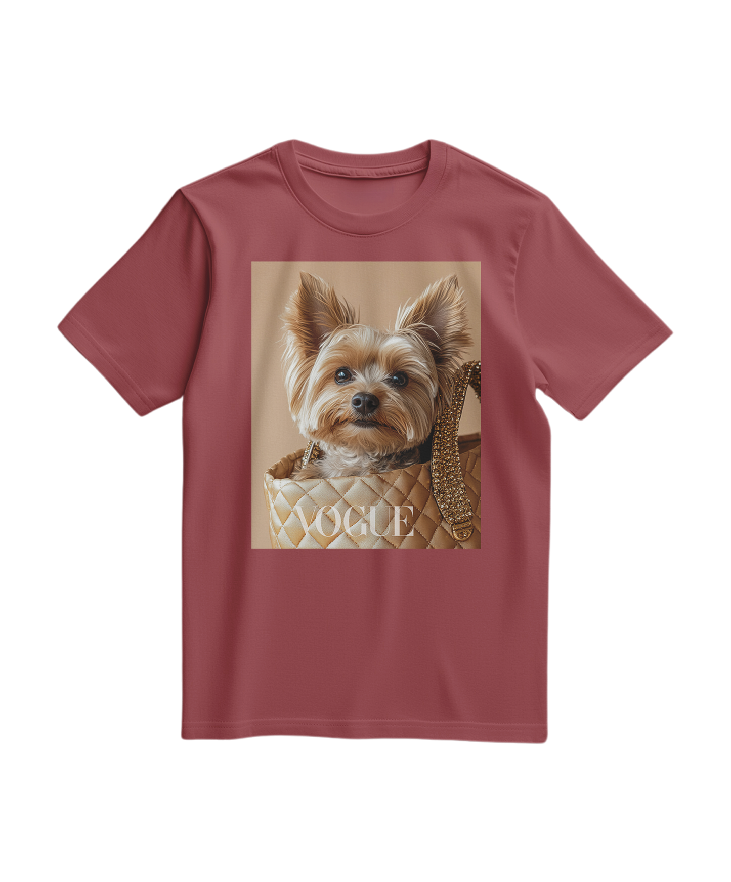 Camiseta terracota Yorkie Muse da Camalestore, com estampa de cachorro Yorkshire em tecido confortável.