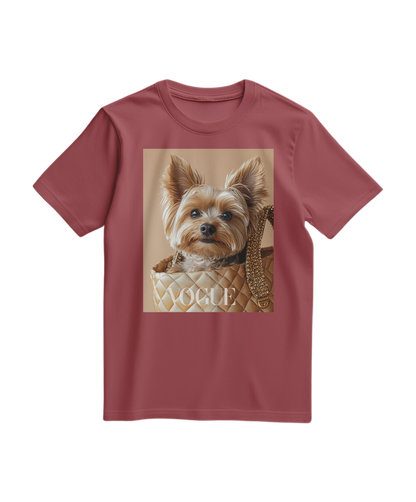 Camiseta terracota Yorkie Muse da Camalestore, com estampa de cachorro Yorkshire em tecido confortável.