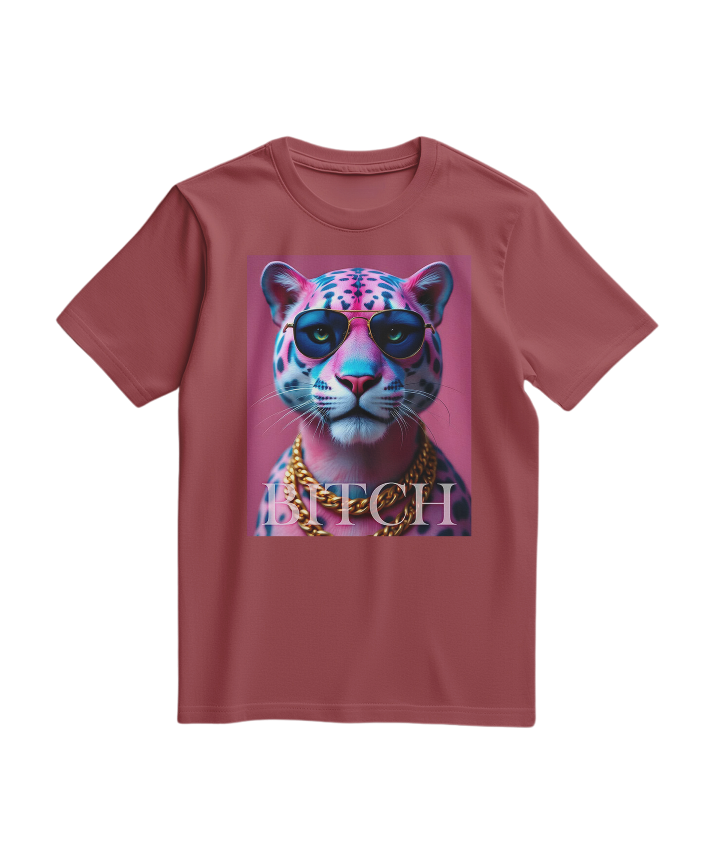 T-shirt Neon Jungle Boss da Camalestore em tom terracota com design colorido de selva e letras destacadas, visual na frente.