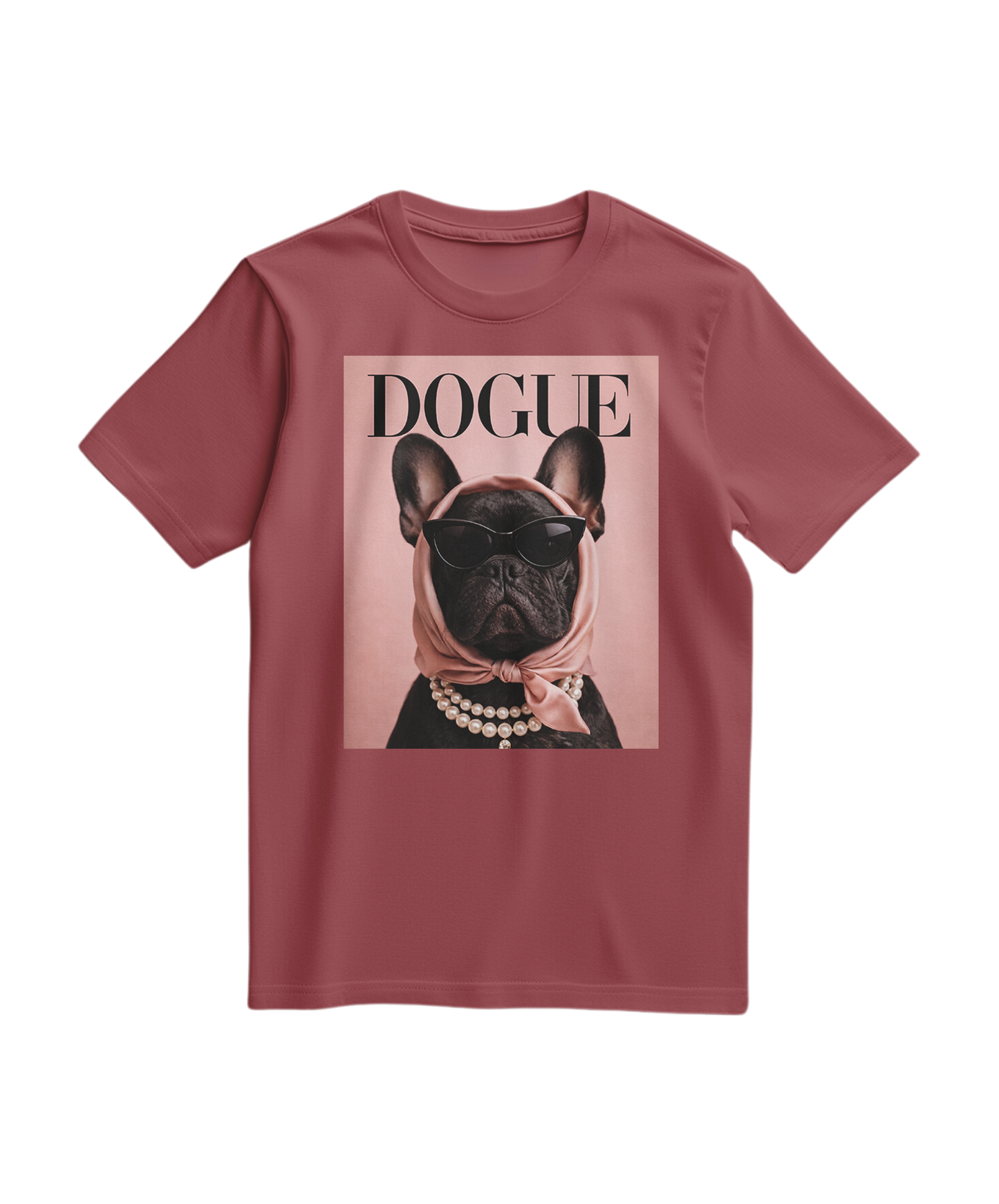 Camiseta terracota The Frenchie Muse da Camalestore, com estampa de um francês, vista de frente.