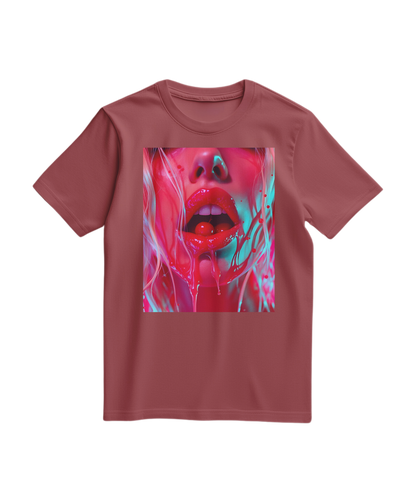 Camiseta Cherry Glaze da Camalestore em tom terracota, com estampa de cereja e design casual, vista de frente.